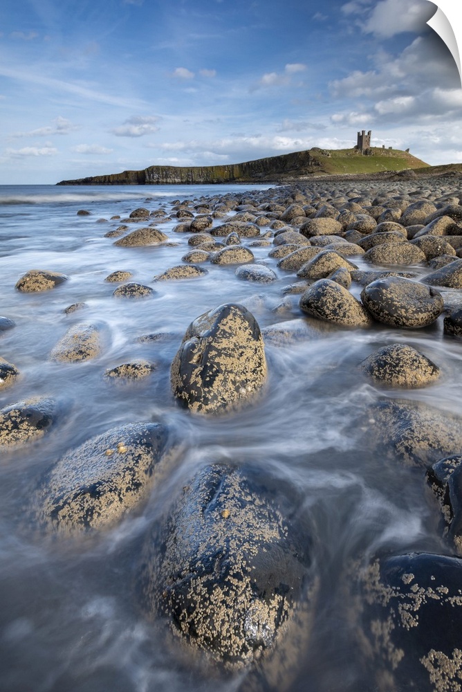 Dunstanburgh Castle from the rocky shores of Embleton Bay, Northumberland, England, United Kingdom, Europe