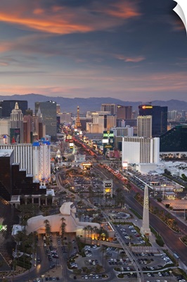 Elevated view of the hotels and casinos along The Strip at dusk, Las Vegas, Nevada