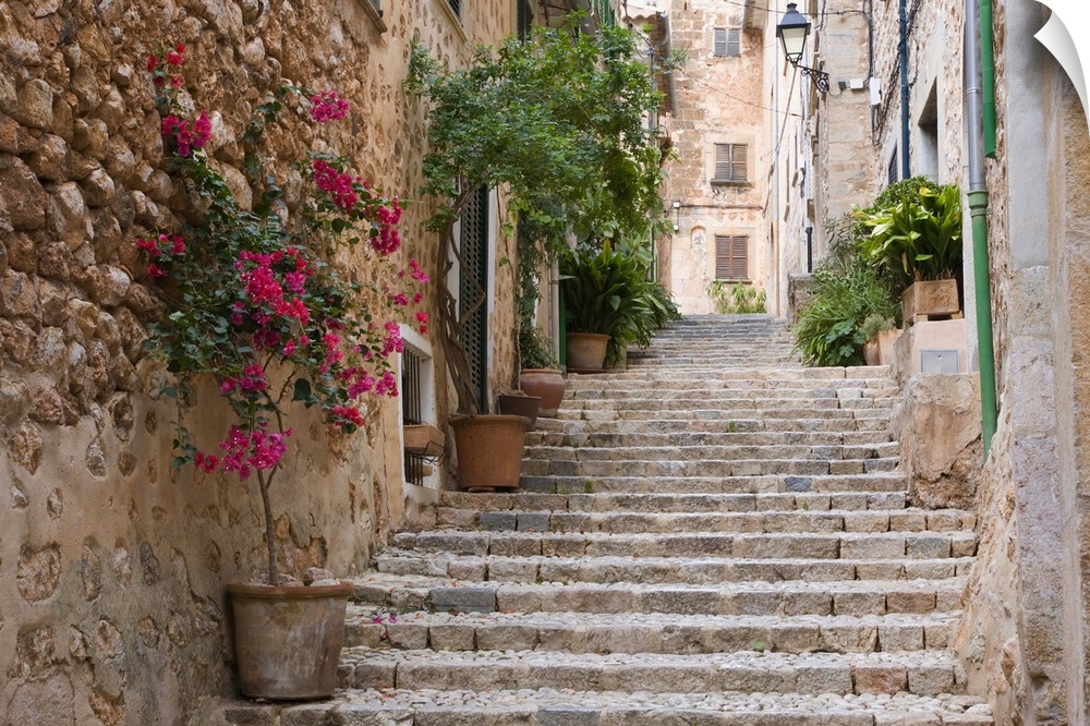 Flight of steps in the heart of the village Fornalutx, Mallorca, Balearic Islands, Spain