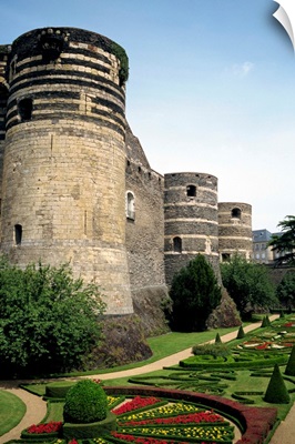 Formal gardens and walls of the Chateau d'Angers in the Pays de la Loire, France