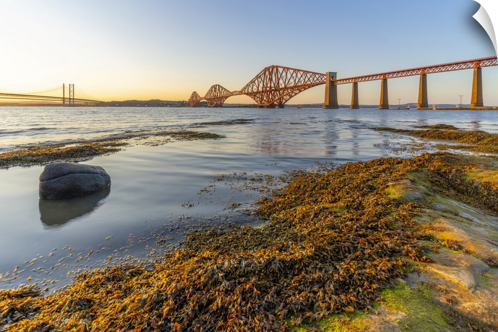 View of the Forth Road Bridge, Queensferry Crossing and Forth Rail Bridge, UNESCO World Heritage Site, over the Firth of F...
