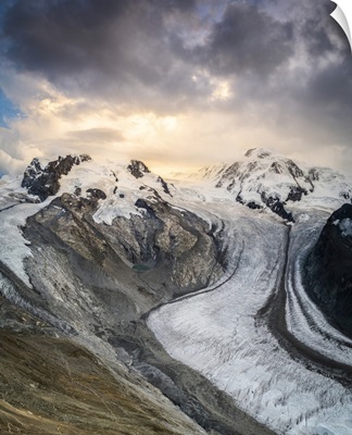 Gorner Glacier With Lyskamm And Monte Rosa Peaks At Sunset, Swiss Alps, Switzerland