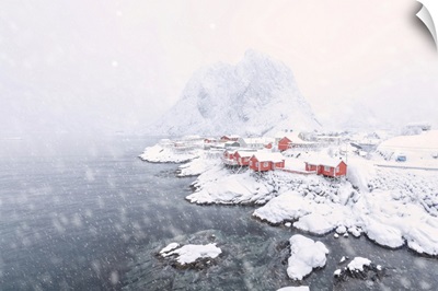 Heavy Snowfall On Rorbu Surrounded By The Frozen Sea, Hamnoy, Lofoten Islands, Norway