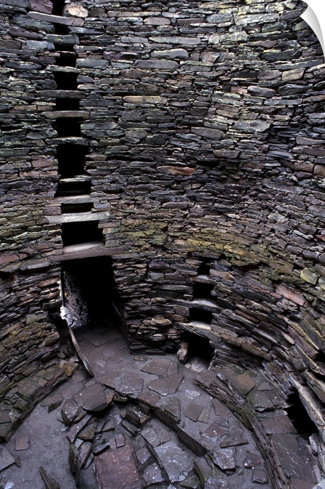 Hollow walls and water tank, Mousa Broch, best preserved of all brochs, standing 12-13 m high, in perfect state, due to it...