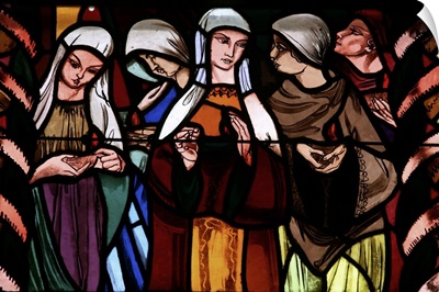 Holy virgins in the stained glass window of Saint-Joseph des Fins church, Annecy, France