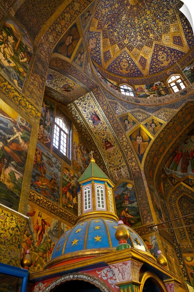 Interior of dome of Vank (Armenian) Cathedral with Archbishop's throne in foreground, Isfahan, Iran, Middle East