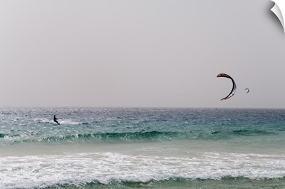 Kite surfing at Santa Maria on the island of Sal, Cape Verde Islands, Africa