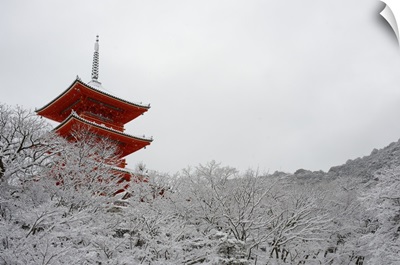 Kiyomizu-dera Temple's pagoda hiding behind snow-covered trees, Kyoto, Japan