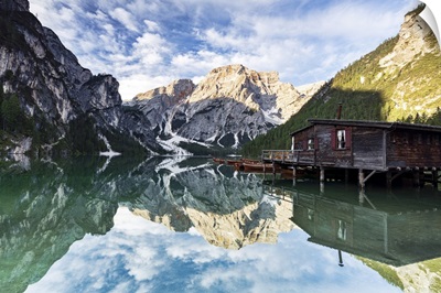 Lake Braies With Croda Del Becco Mountain, Dolomites, South Tyrol, Italy