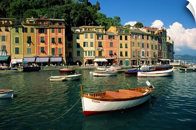 Moored boats and architecture of Portofino, Liguria, Italy, Mediterranean