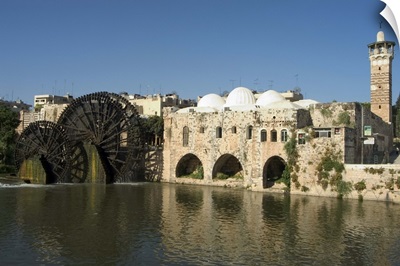 Mosque and water wheels on the Orontes River, Hama, Syria