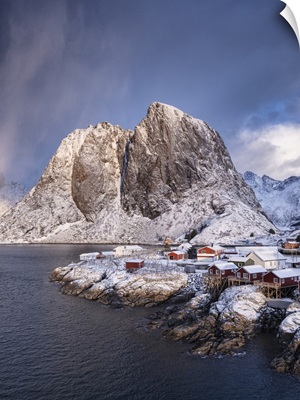 Norwegian Rorbuer Huts And Festhaeltinden Mountain In Winter, Lofoten Islands, Norway