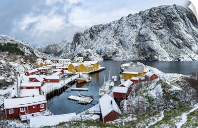 Nusfjord And Harbor Covered With Snow In Winter, Lofoten Islands, Norway
