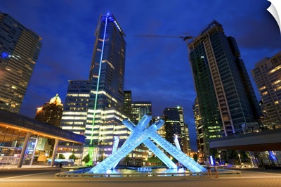 Olympic Flame burner at night near the Convention Centre, Vancouver, Canada