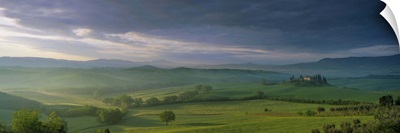Panoramic view of Belvedere and the Val d'Orcia at dawn, in spring, Tuscany, Italy