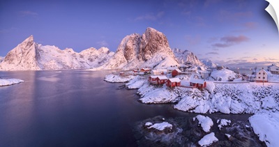 Panoramic View Of Snowy Peaks And Frozen Sea At Dawn, Nordland, Lofoten Islands, Norway