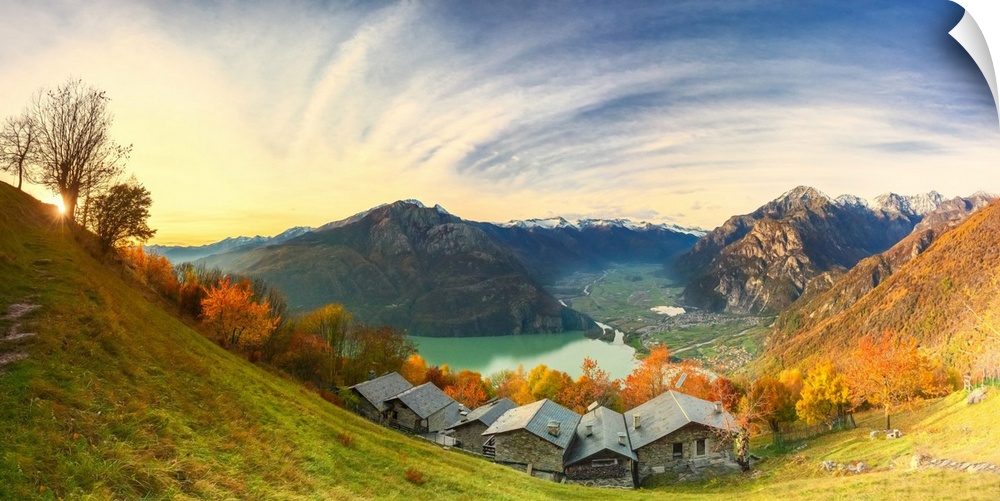Panoramic view of the old village of chalets, Valchiavenna, Valtellina, Lombardy, Italy, Europe