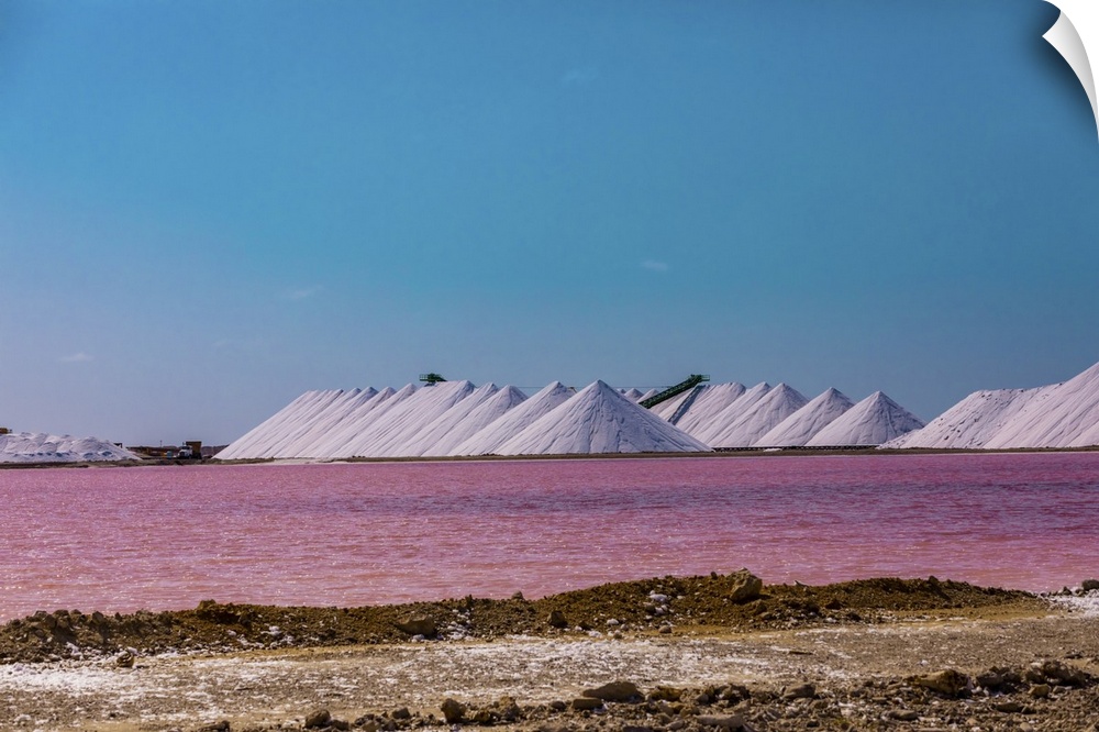 View of the pink colored ocean overlooking the Salt Pyramids of Bonaire from afar, Bonaire, Netherlands Antilles, Caribbea...