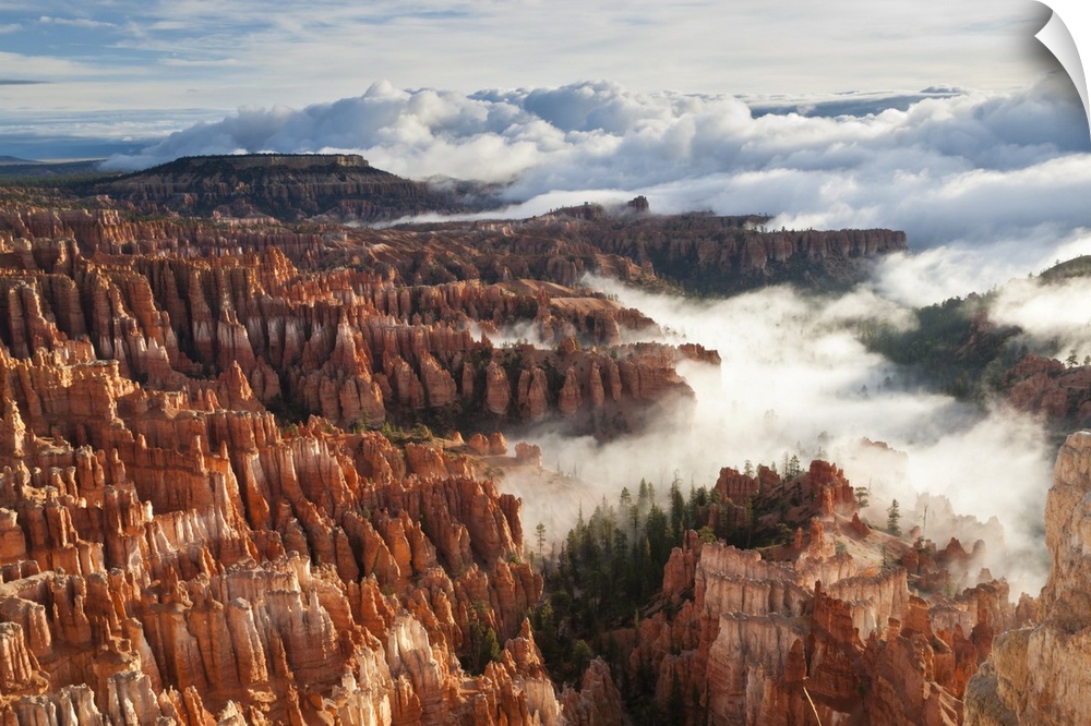 Pinnacles and hoodoos with fog extending into clouds of a partial temperature inversion, Bryce Canyon National Park, Utah,...