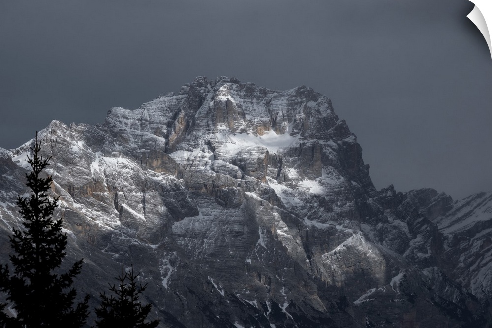 Pomagagnon mountain covered by pristine snow on a cloudy day, Dolomites, Belluno, Veneto, Italy, Europe