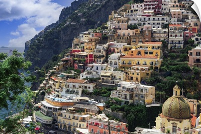 Positano Town Hill View With Low Rise Colorful Buildings Above The Sea Line, Italy