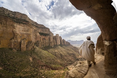 Priest Walking On Trail To Abuna Yemata Guh Church, Gheralta Mountains, Ethiopia