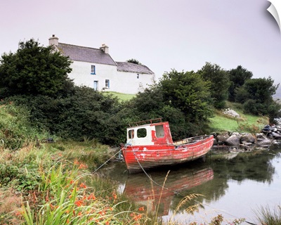 Red boat and house, Ballycrovane, County Cork, Munster, Republic of Ireland (Eire)