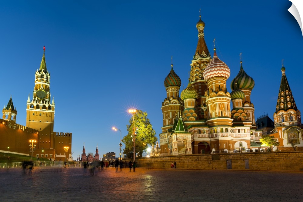 Red Square, St. Basil's Cathedral and the Savior's Tower of the Kremlin lit up at night, Moscow, Russia