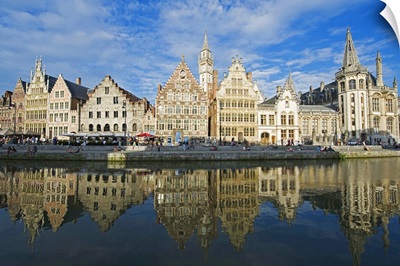 Reflection of waterfront town houses, Ghent, Flanders, Belgium
