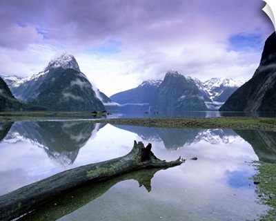 Reflections and view across Milford Sound to Mitre Peak, Fiordland, New Zealand