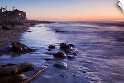 Rocks and beach at sunset, La Jolla, San Diego County, California