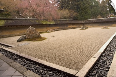 Ryoanji temple, dry stone garden and blossom, Kyoto city, Honshu island, Japan