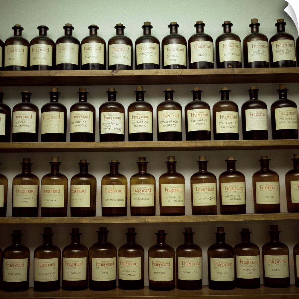 Shelves of old essence bottles, Parfumerie Fragonard, Grasse, Provence, France