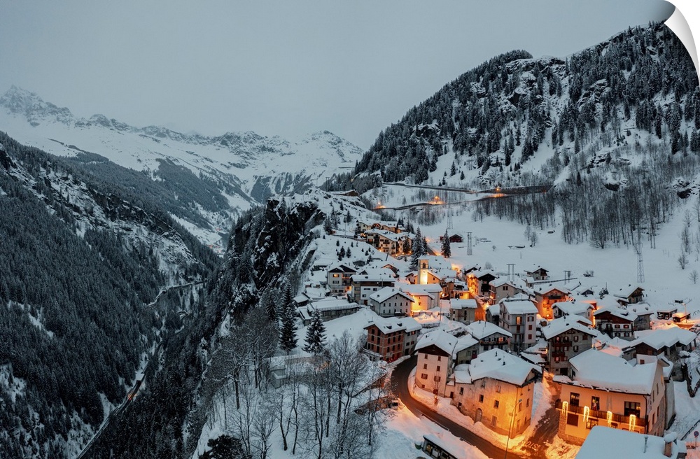 Small village of Pianazzo on top of snowcapped mountain after a snowfall, Madesimo, Valle Spluga, Valtellina, Lombardy, It...