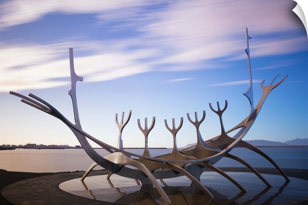 Solfar (Sun Voyager), iconic stainless-steel modern sculpture representing a Viking longboat by Jon Gunnar Arnason, Reykja...