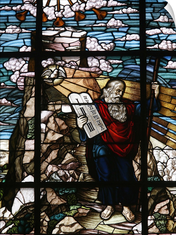 Stained glass of Moses holding the tablets of the Law, Vienna, Austria