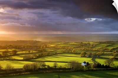 Storm light over Devon countryside near Brentor, Dartmoor National Park, Devon, England