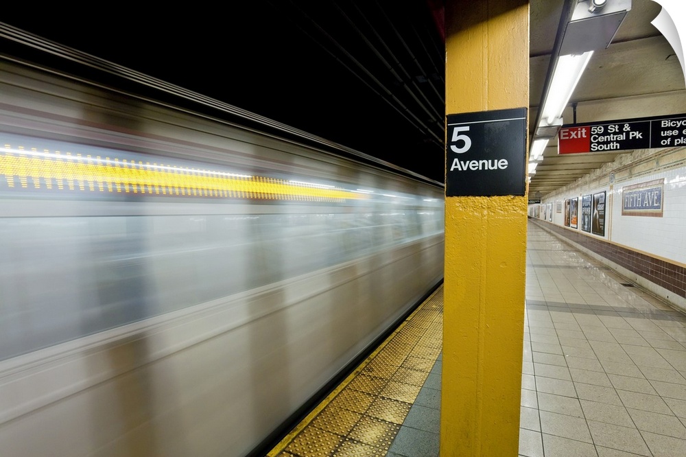 Subway station and train in motion, Manhattan, New York City, New York, United States of America, North America