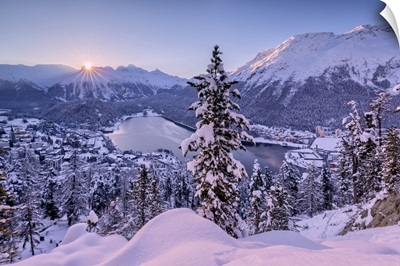 Sunrise Over Village And Lake Of St. Moritz, Engadine, Canton Of Graubunden, Switzerland