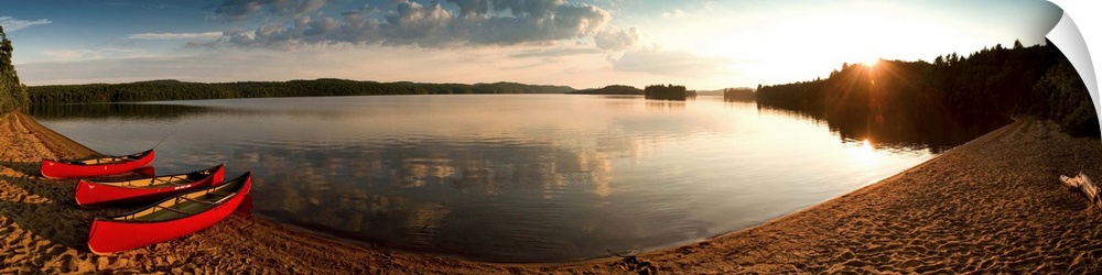 Sunset Algonquin national park with canoes at lake shore large format panoramic