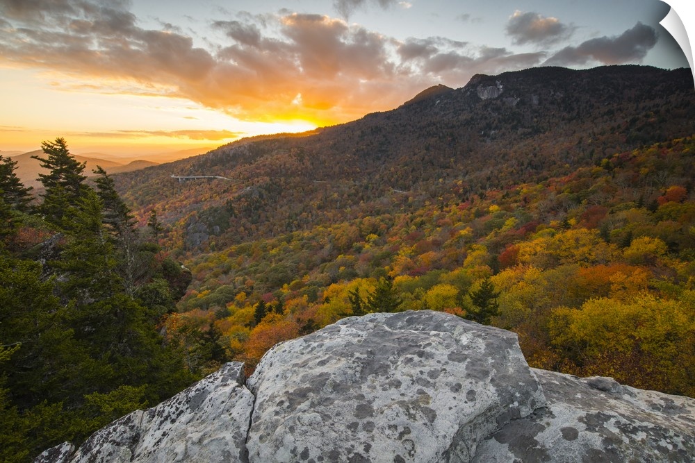 Sunset and autumn color at Grandfather Mountain, located on the Blue Ridge Parkway, North Carolina, United States of Ameri...
