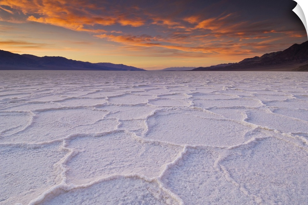 Sunset at the Salt pan polygons, Badwater Basin, 282ft below sea level and the lowest place in North America, Death Valley...
