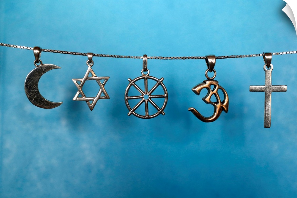 Symbols of Islam, Judaism, Buddhism, Hinduism and Christianity, Eure, France, Europe.
