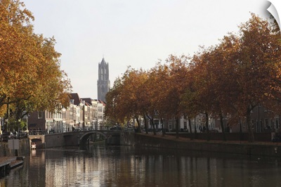 The Dom Tower and canal waterway on an autumn day, Utrecht, Netherlands