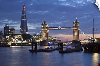 The Shard and Tower Bridge on the River Thames at night, London, England