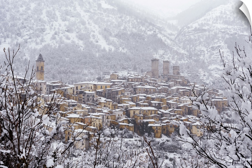 View of the village and the castle of Pacentro under heavy snowfall, Maiella National Park, L'Aquila province, Abruzzo, It...