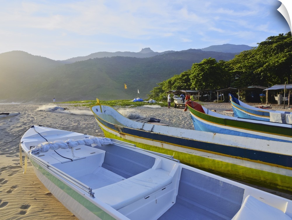 Traditional colourful boats on the beach in Bonete, Ilhabela Island, State of Sao Paulo, Brazil, South America