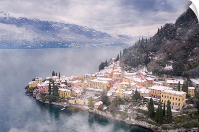 Traditional Houses Of Varenna Old Town After A Snowfall, Lake Como, Italy