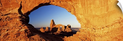Turret Arch through North Window at sunrise, Arches National Park, Moab, Utah