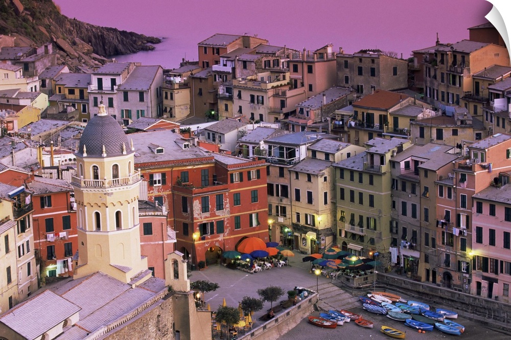 Vernazza village and harbour at dusk, Cinque Terre, Liguria, Italy